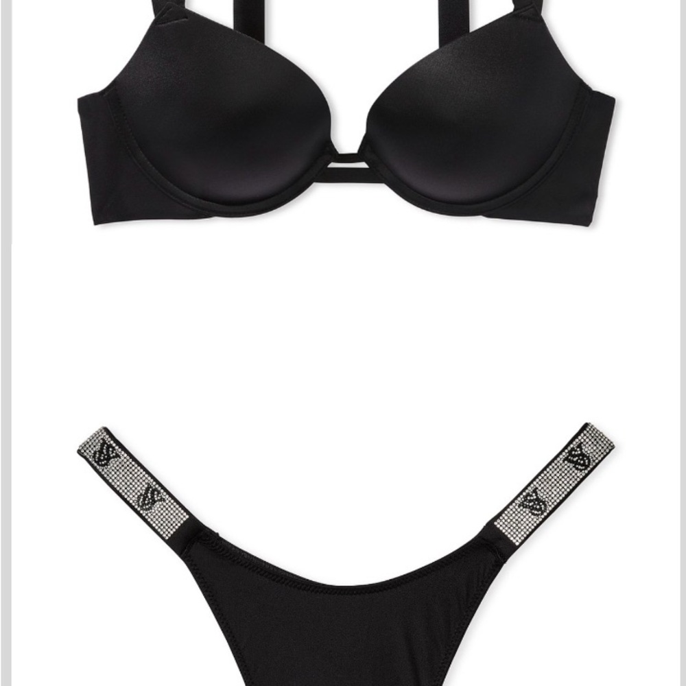 💥✨Very Sexy Victoria's Secret Shine Strap Smoot Push-Up Bra Brazilian Set Black
